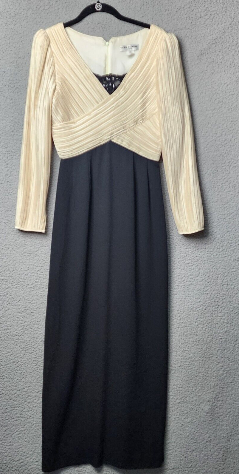 GEORGE F. COUTURE Formal Dress VTG. Size 8 Black Cream Satin Lace Pleated Gown