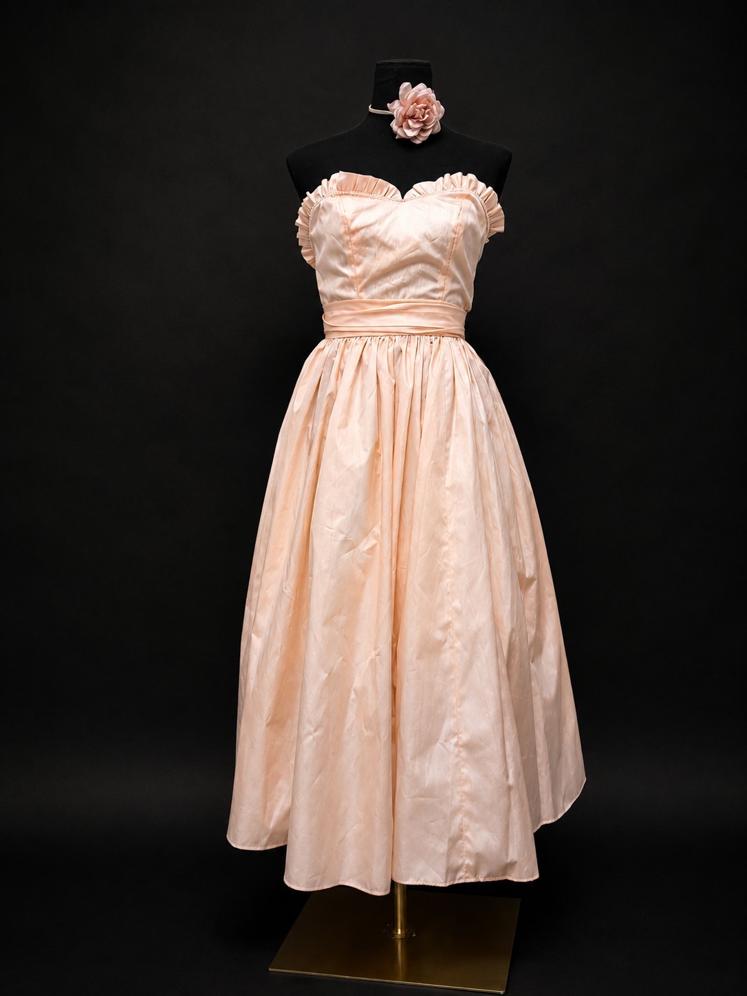 Vintage 80s Peach Taffeta Strapless Dress Ruffle Prom Formal Party Cocktail Gown