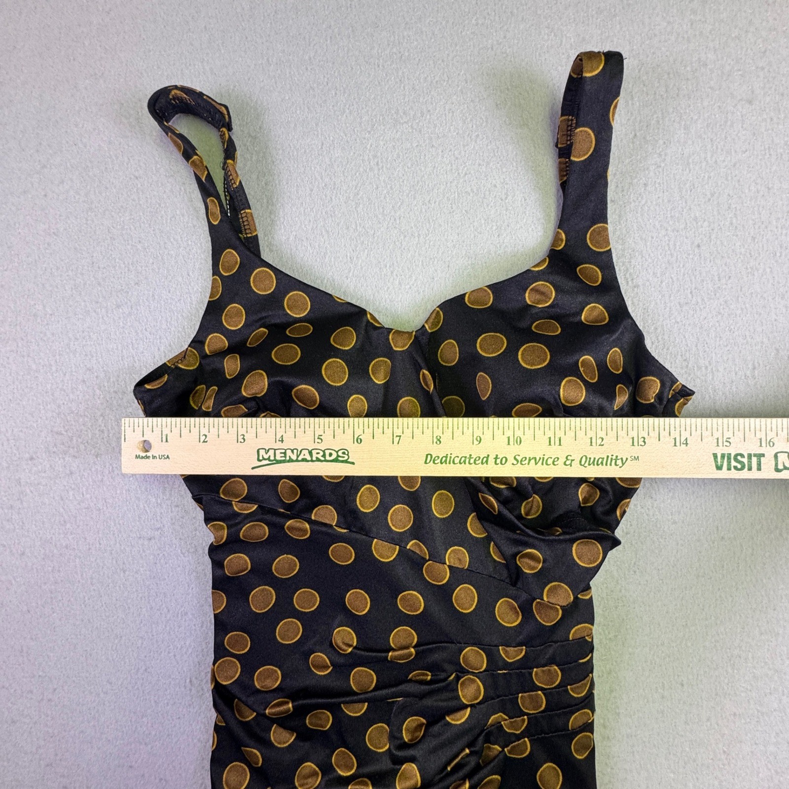 Maxine of Hollywood Vintage Swimsuit Black Gold Polka Dot Ruched One Piece USA