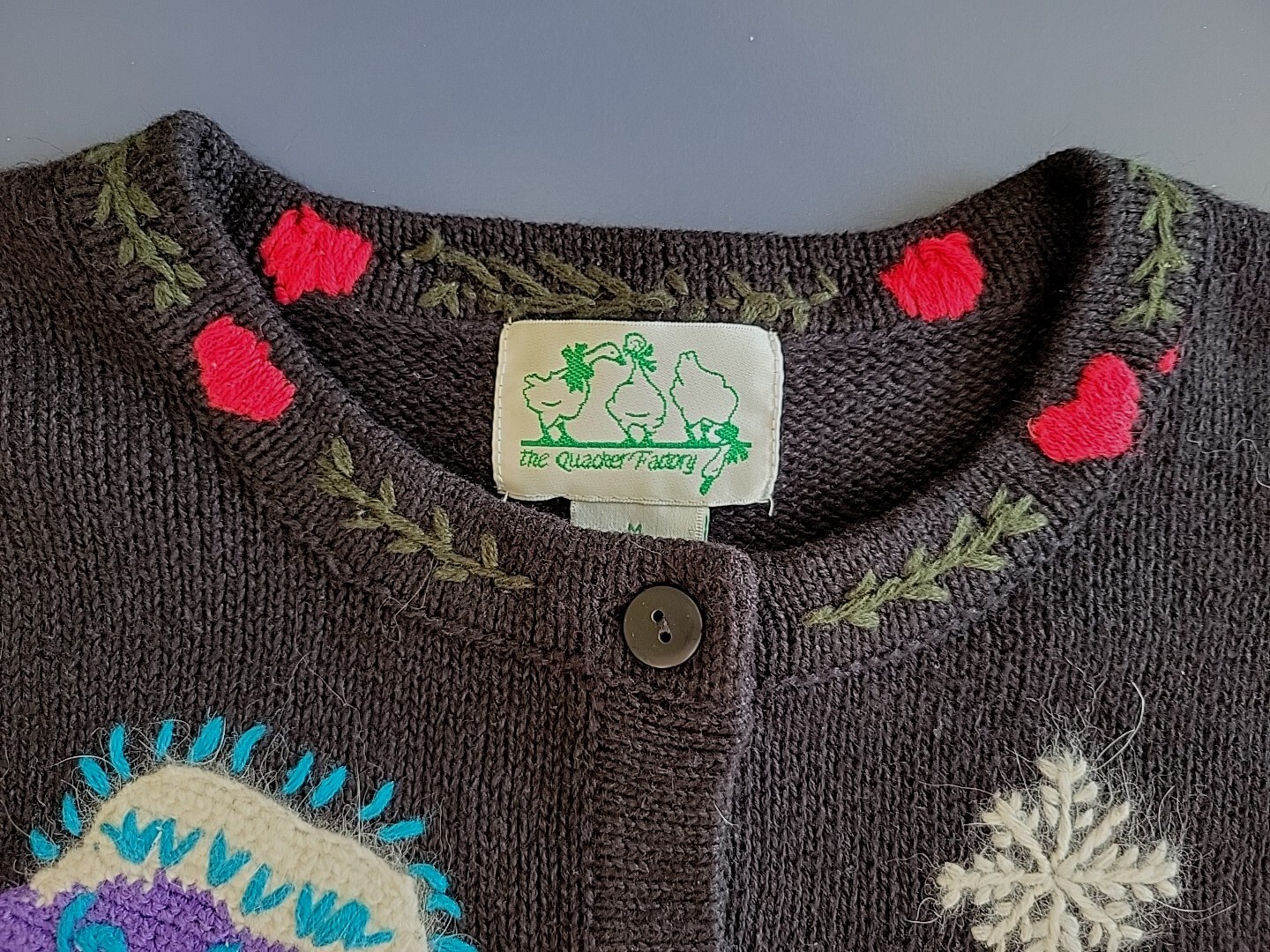 Vintage The Quacker Factory Women M Winter Snowmen Theme Knit Button Up Sweater