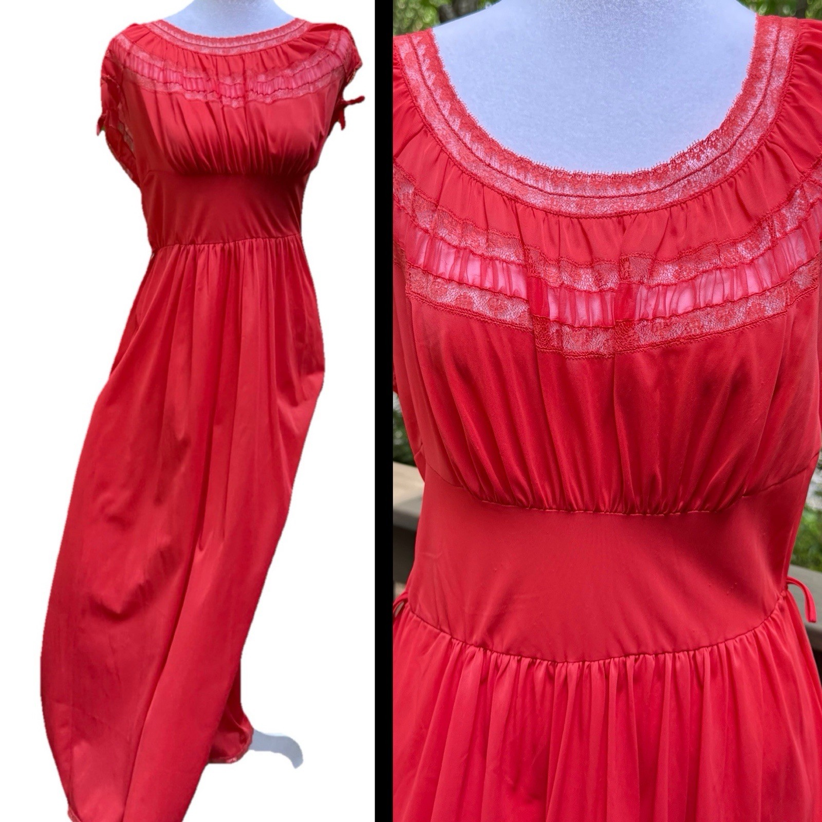 Vtg 60s Nightgown Chiffon Pleat Maxi Empire Goddess Siren Red Lace Nylon M 36 38