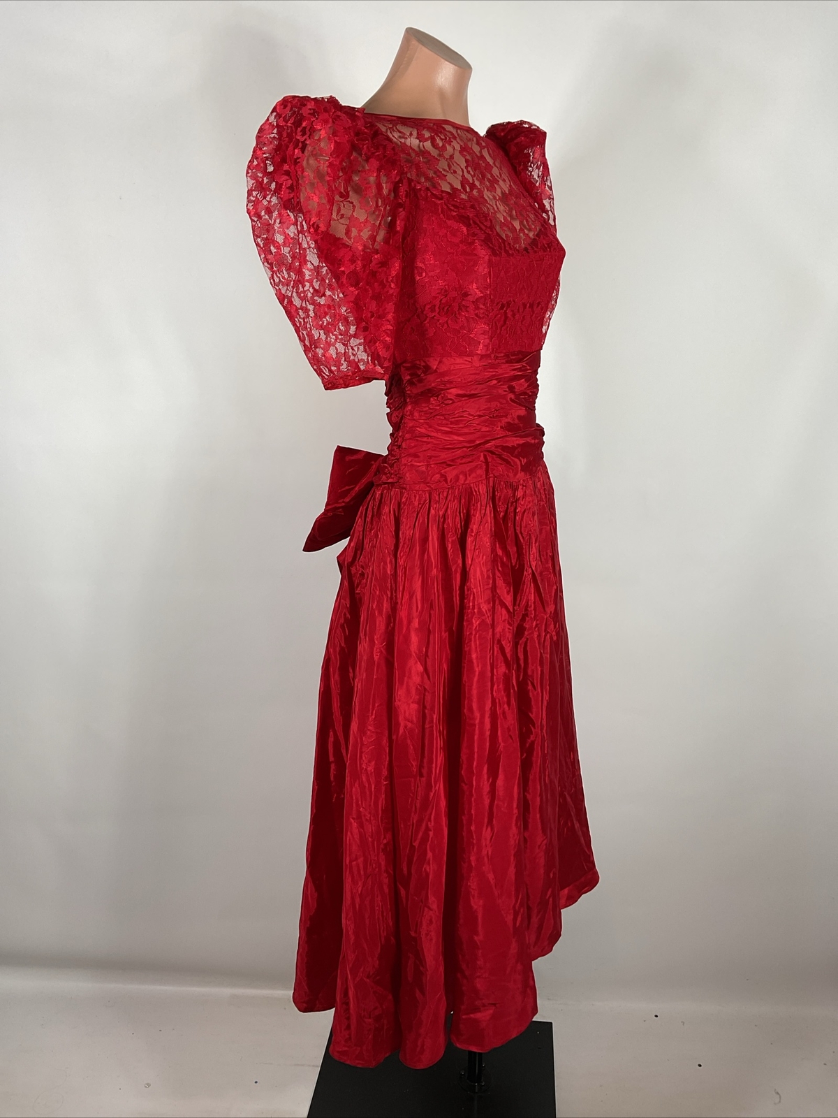 VTG 80s Prom Red LACE PUFFY BUBBLE SLEEVE Party Formal Bows Evening Dress Gown 4