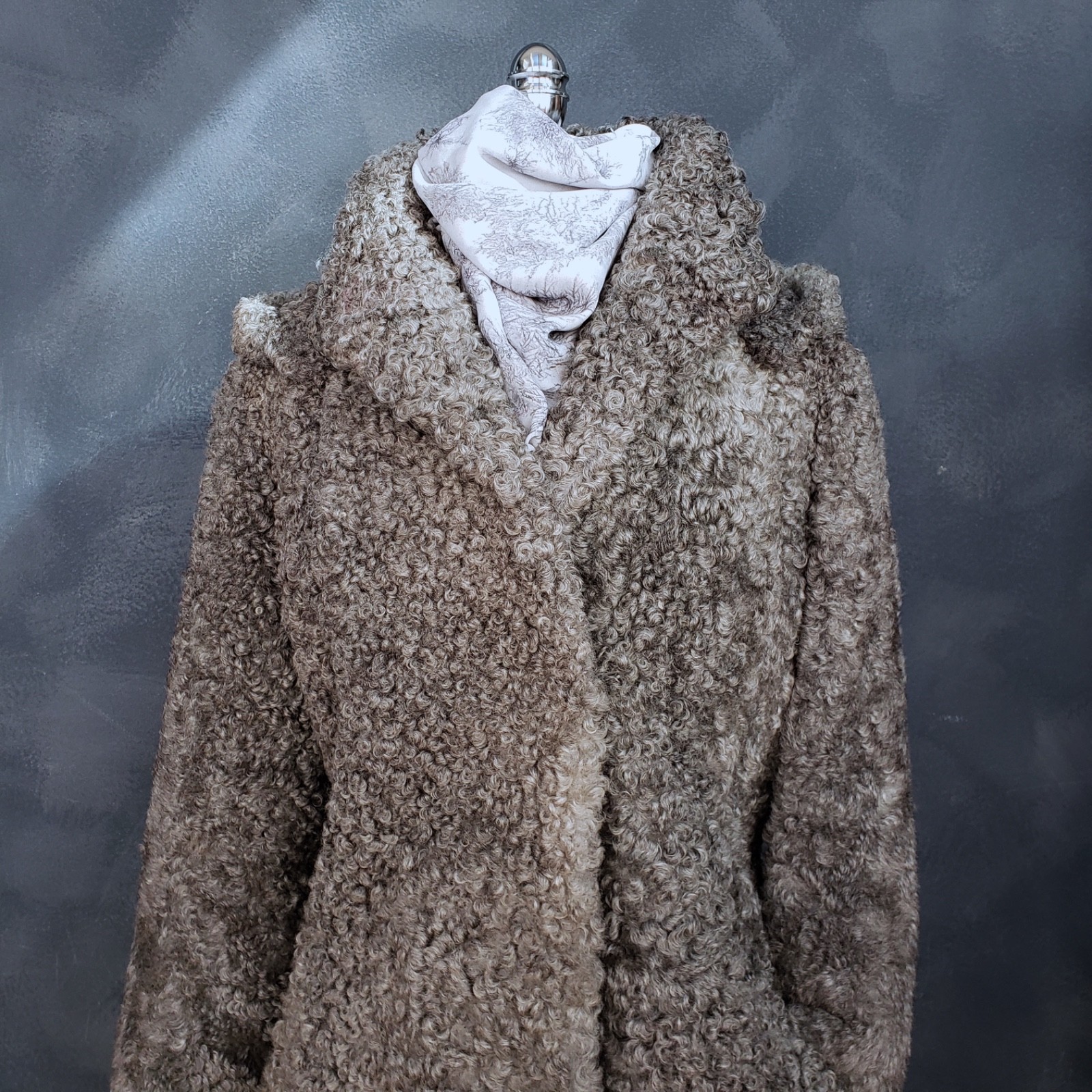 Vintage 50s Gray Greige Curly Viking Lamb Hooded Coat L EUC RARE