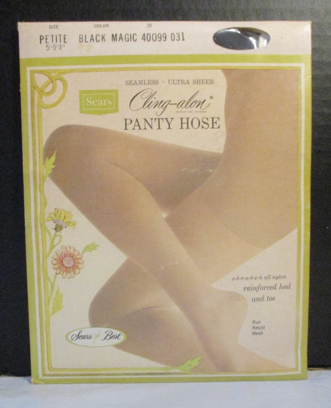 Sears Cling-Alon Pantyhose Petite Black Magic Nylon Reinforced Heel Toe Vintage