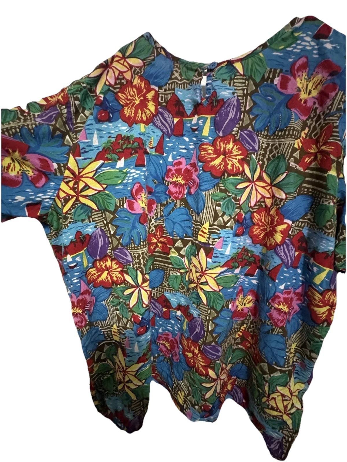 Vintage Roamans Beaded Blouse Size 2XL Gold Beads Bright Flowers Keyhole Back