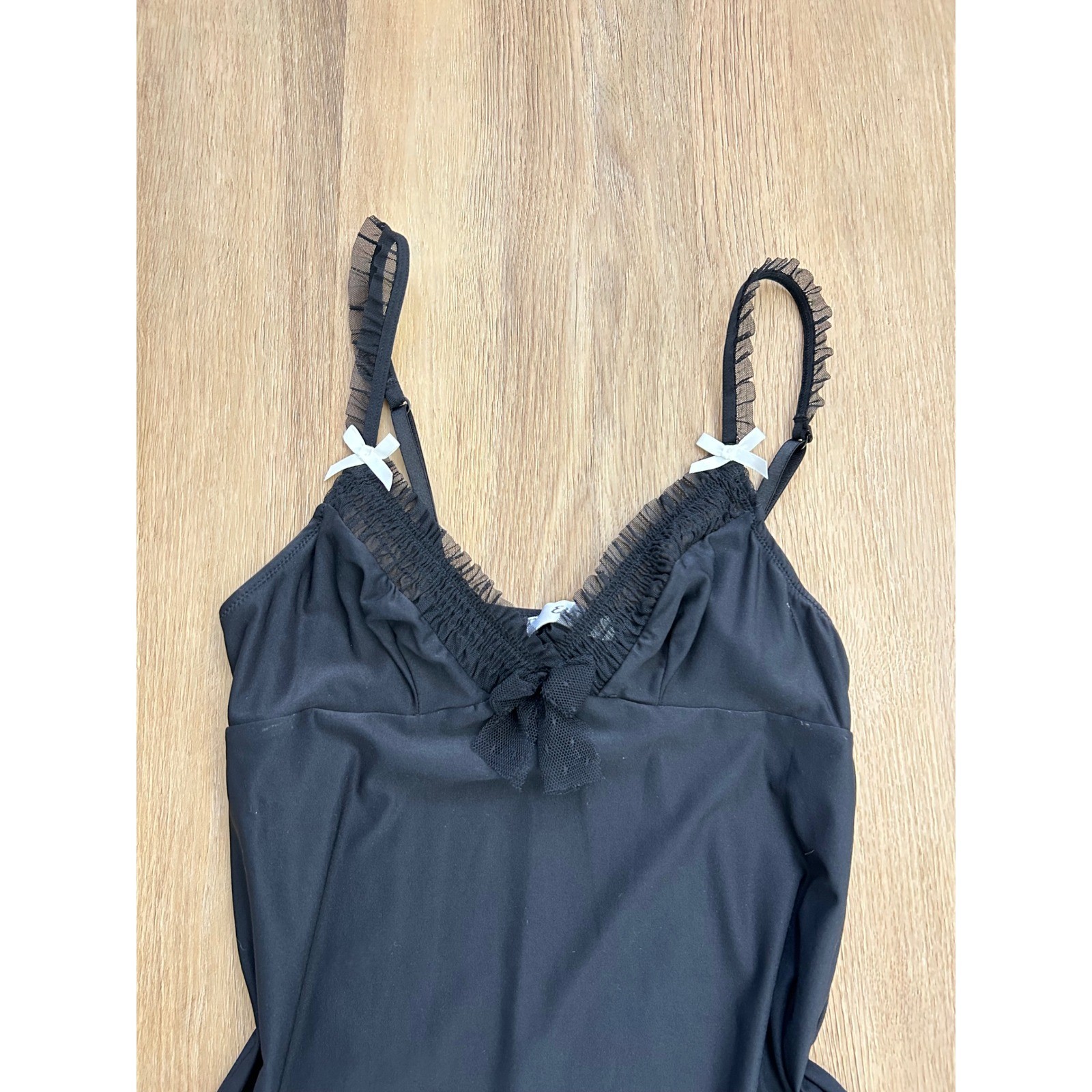 Vintage Black Coquette Slip mini Dress Bows Ruffle Trim sexy lingerie party