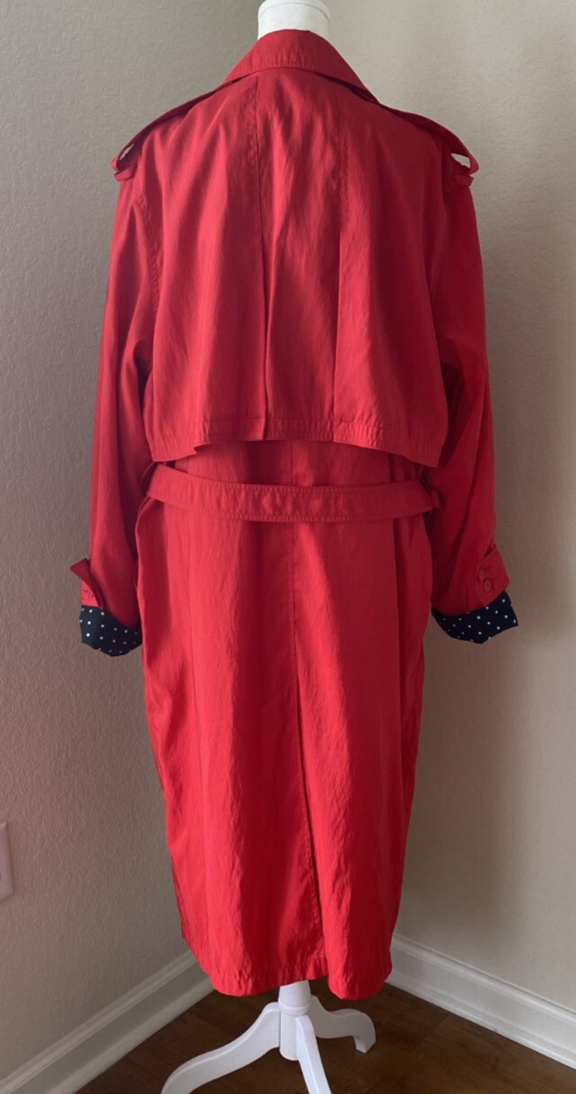 New York Harbor Petite 14 Full Length Red Trench Rain Coat w Polka Dots