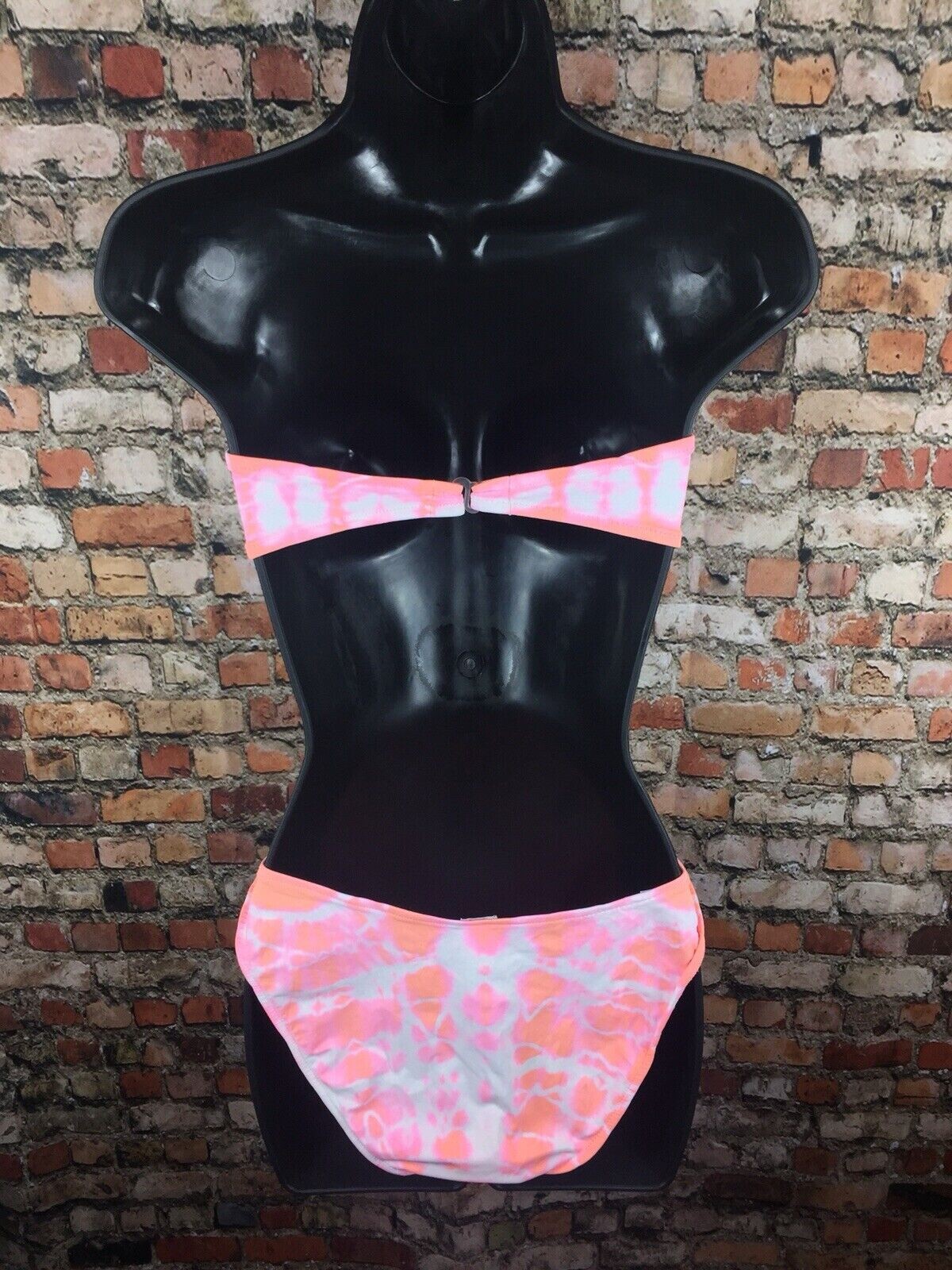 Vintage 80s 90s Neon Tie Dye Bandeau Bikini Top Bottom SET Pink Orange USA Retro
