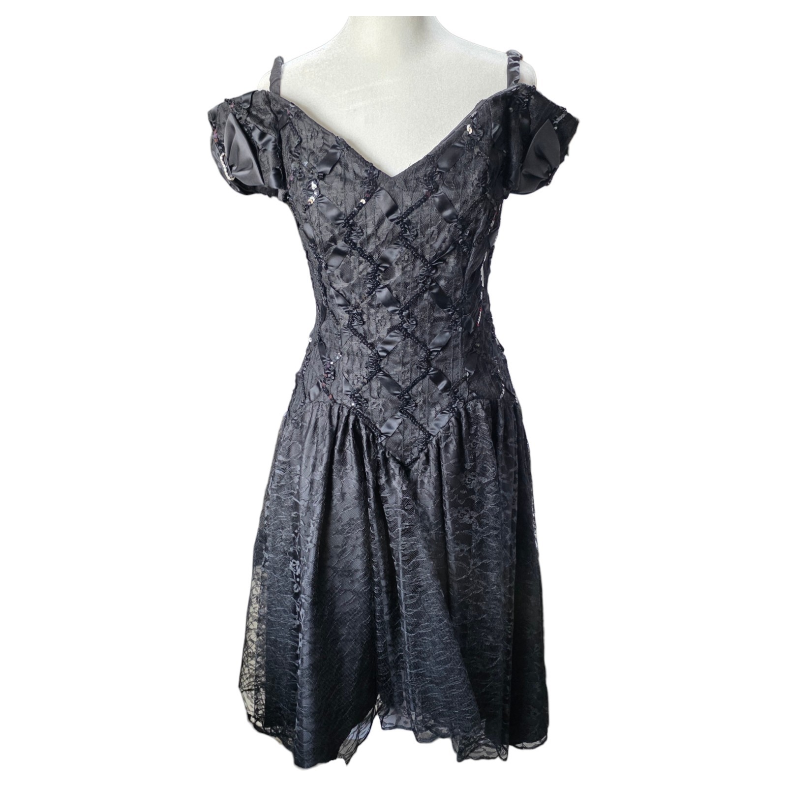 Vintage 80s Girls 9-10 Black Goth Witchcore Punk Sequin Lace Party Dress USA