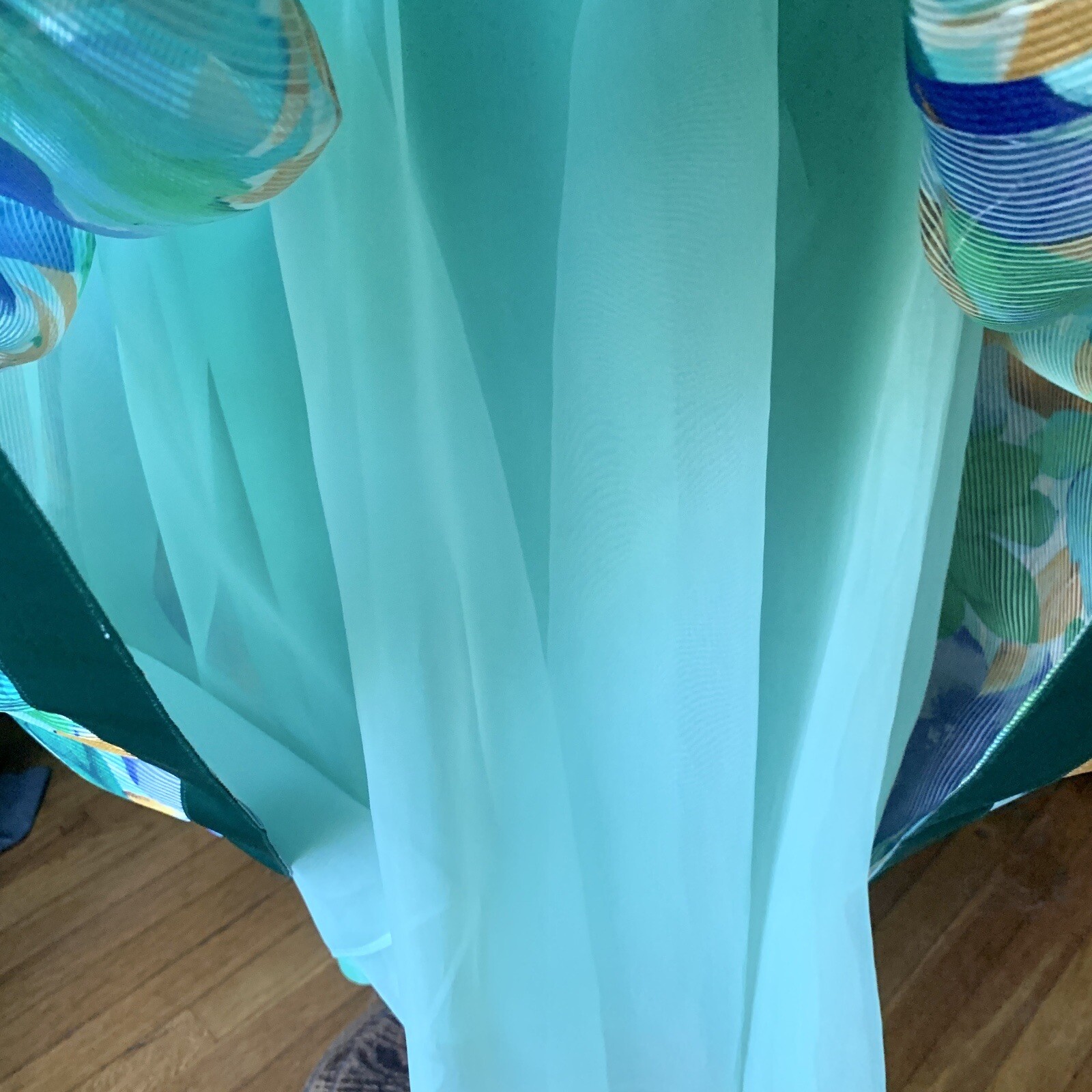 Vintage WILLIAM PEARSON Designer Floral Green Dress Ribbon Ruffle Off Shoulder 8