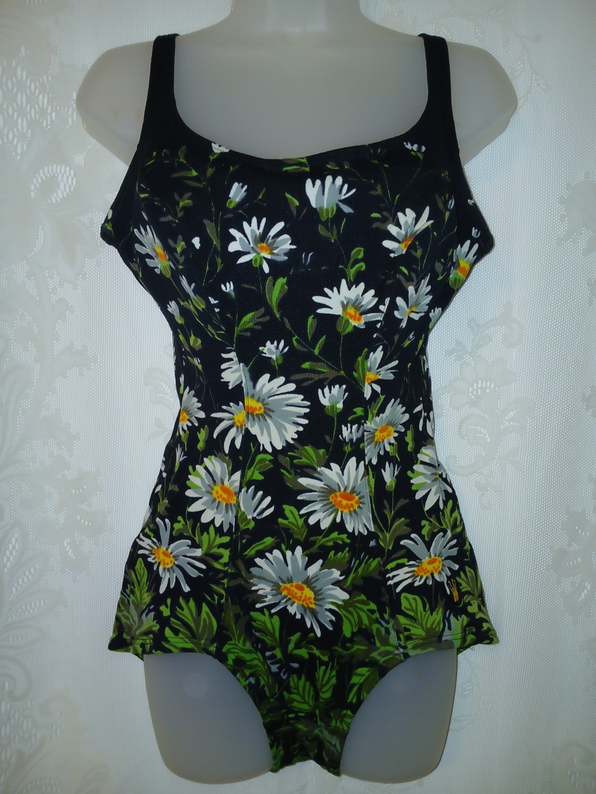 Vintage 60s Daisy Print Mod Bathing Suit Swimsuit Tiki Oasis Pinup Rockabilly M