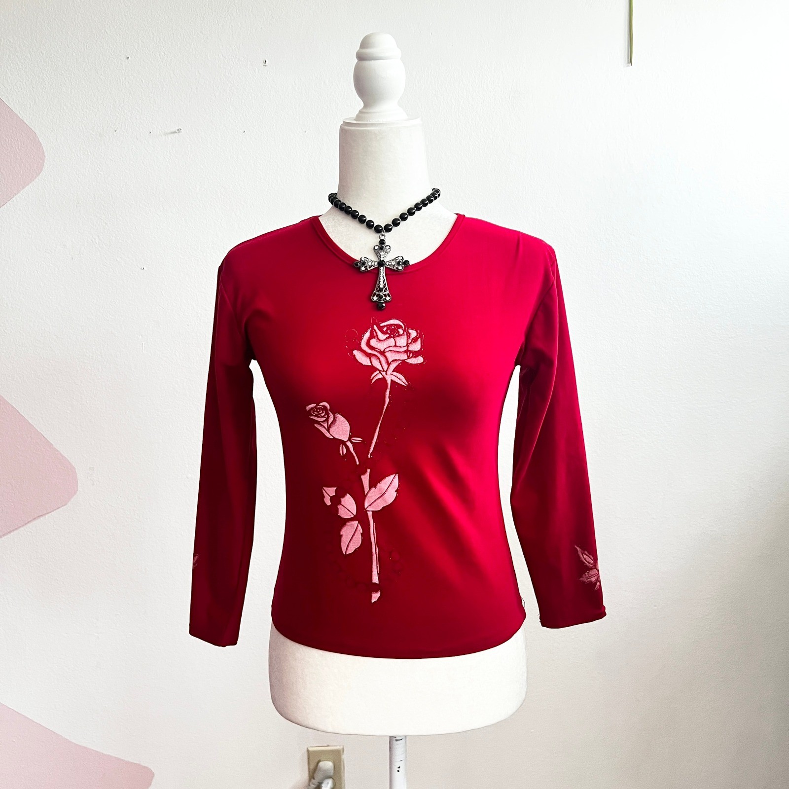 Vtg Y2K 2000s Red Floral Top 1990s Glam Coquette Romantic Small