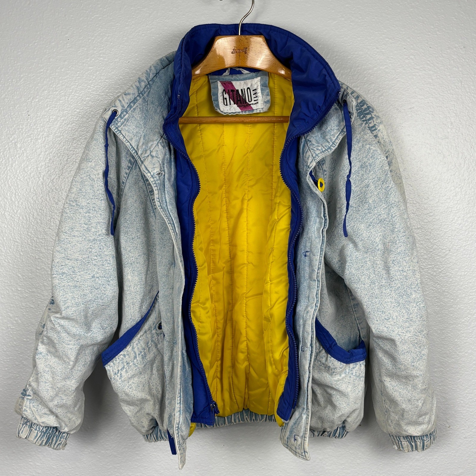 Vintage 90s Gitano Acid Wash Denim Bomber Jacket Blue Yellow Women’s Small