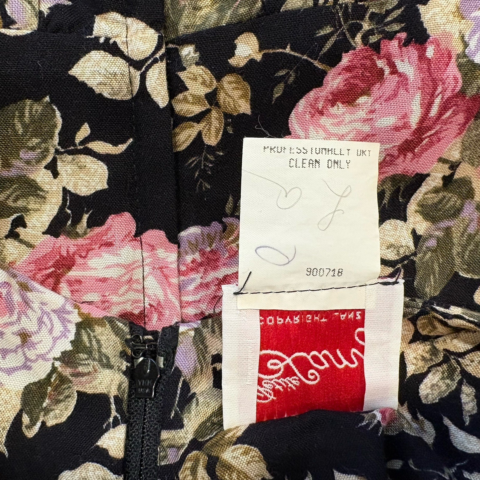VTG Lanz 6 Petite Pink/Olive Floral On Black Midi Tea Dress W/Belt Full Puffy