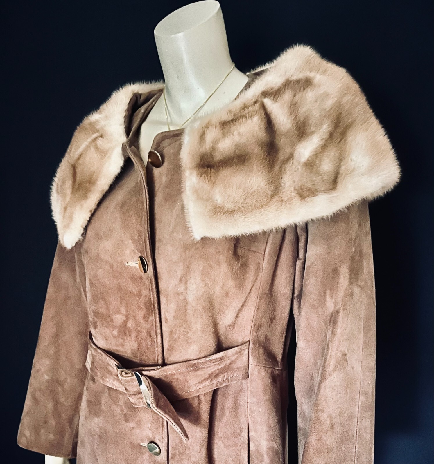 1960s, 1970s Mink Collared Light Cocoa Brown Suede Coat, Fitted, Belted, Sm- Med
