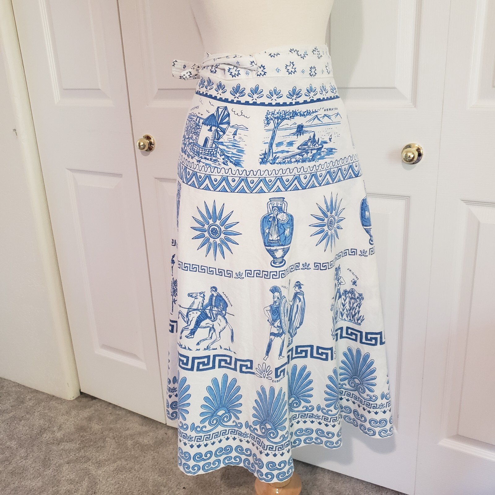 Vtg 1970s Greek Greece Novelty Wrap Skirt Blue White Cotton Size Medium