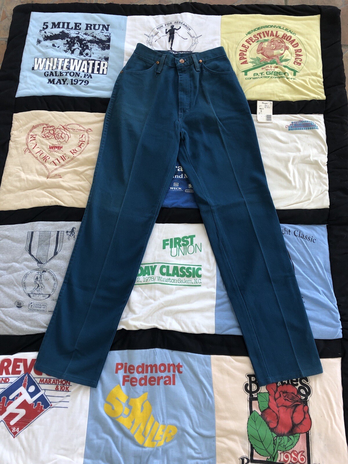 Vintage NOS Wrangler Dark Turquoise Denim Jeans 80s 90s 8×34 Cowboy Cut Western