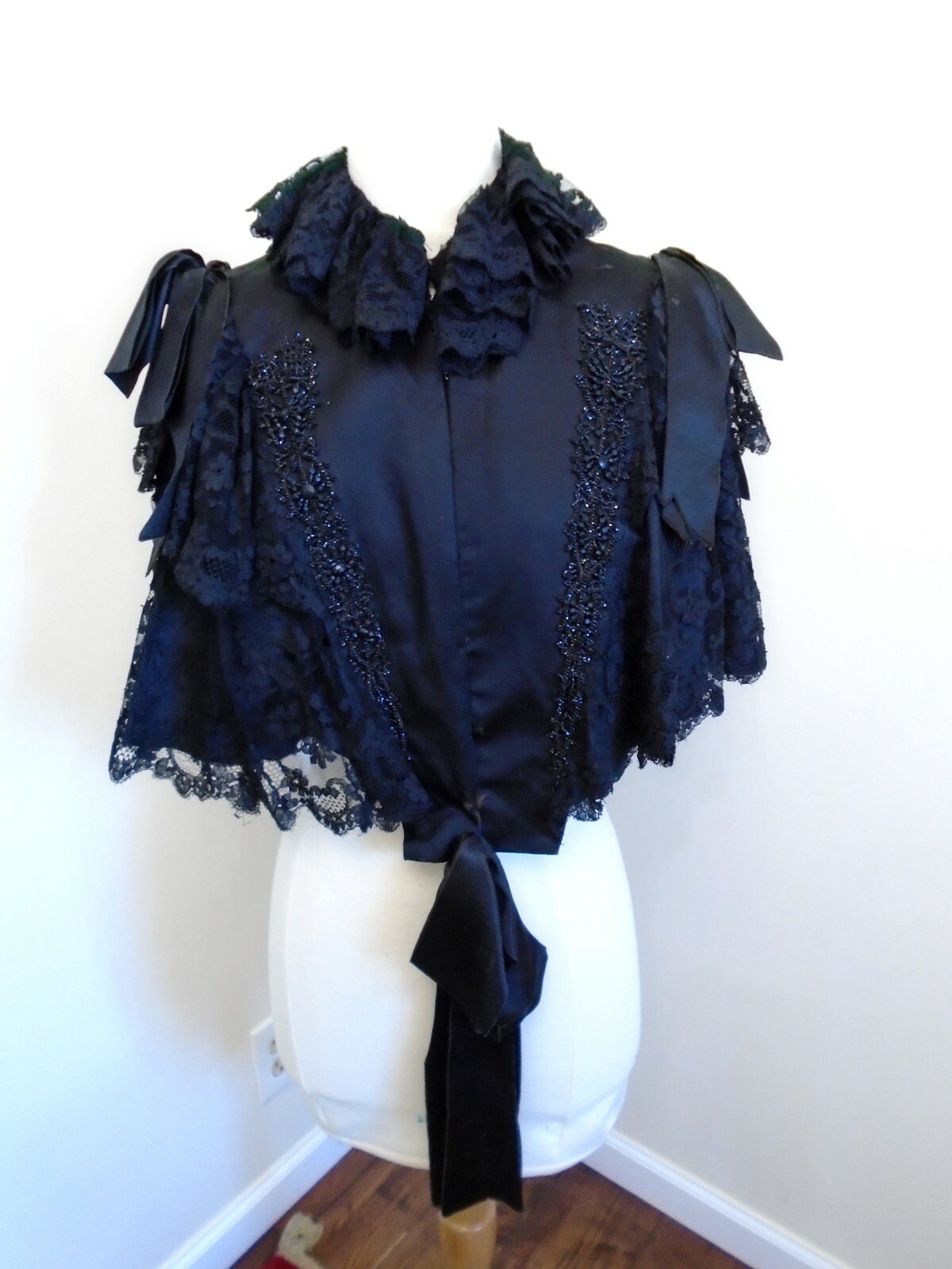 Original c 1870/1890 Victorian Silk Satin Cape Jet Beaded Ribbon/Lace Ruffles