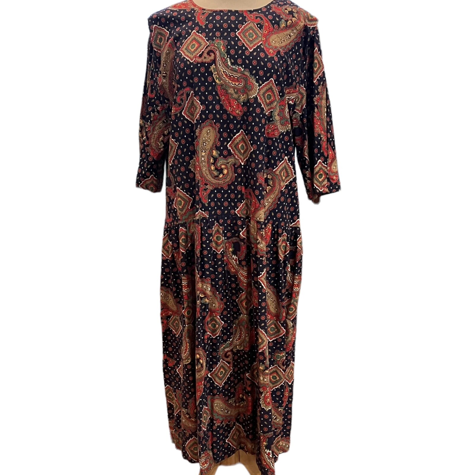 VTG Georgie Plus Size 26W 26 Maxi Dress Caftan Kaftan Paisley Print MuMu Loose