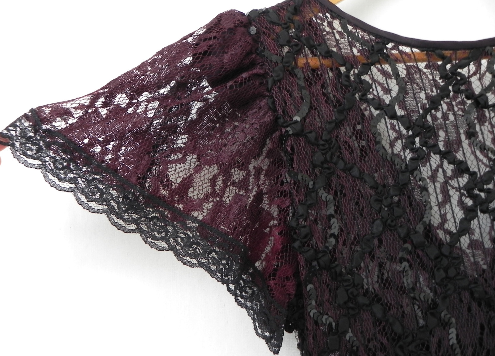 Vtg HW Collections Lace Dress Burgundy/Black Open Back Fit-Flared Size S/M