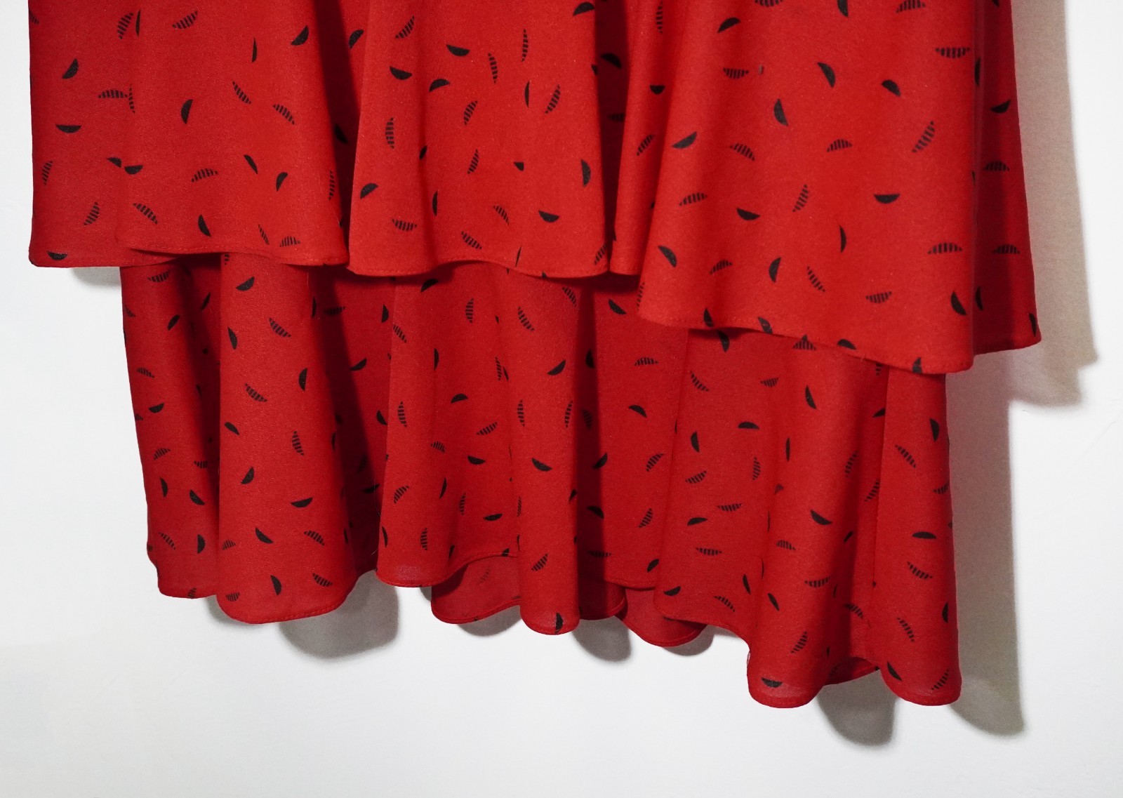 Vintage 80s Twee Red Drop Waist Dress Puff Sleeves Teacher Ruffles Womens 14