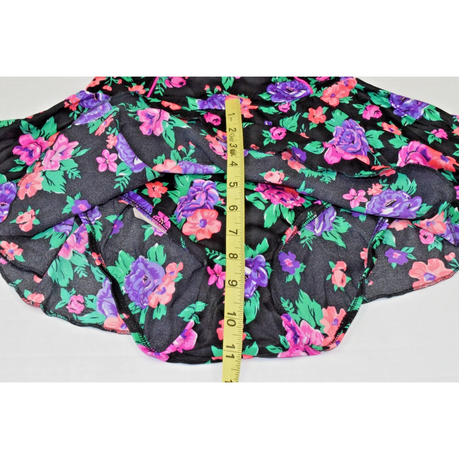 Vintage Swimsuit Size S/M 80s Glossy Black Pink Purple Flowers Full Skirt Bra