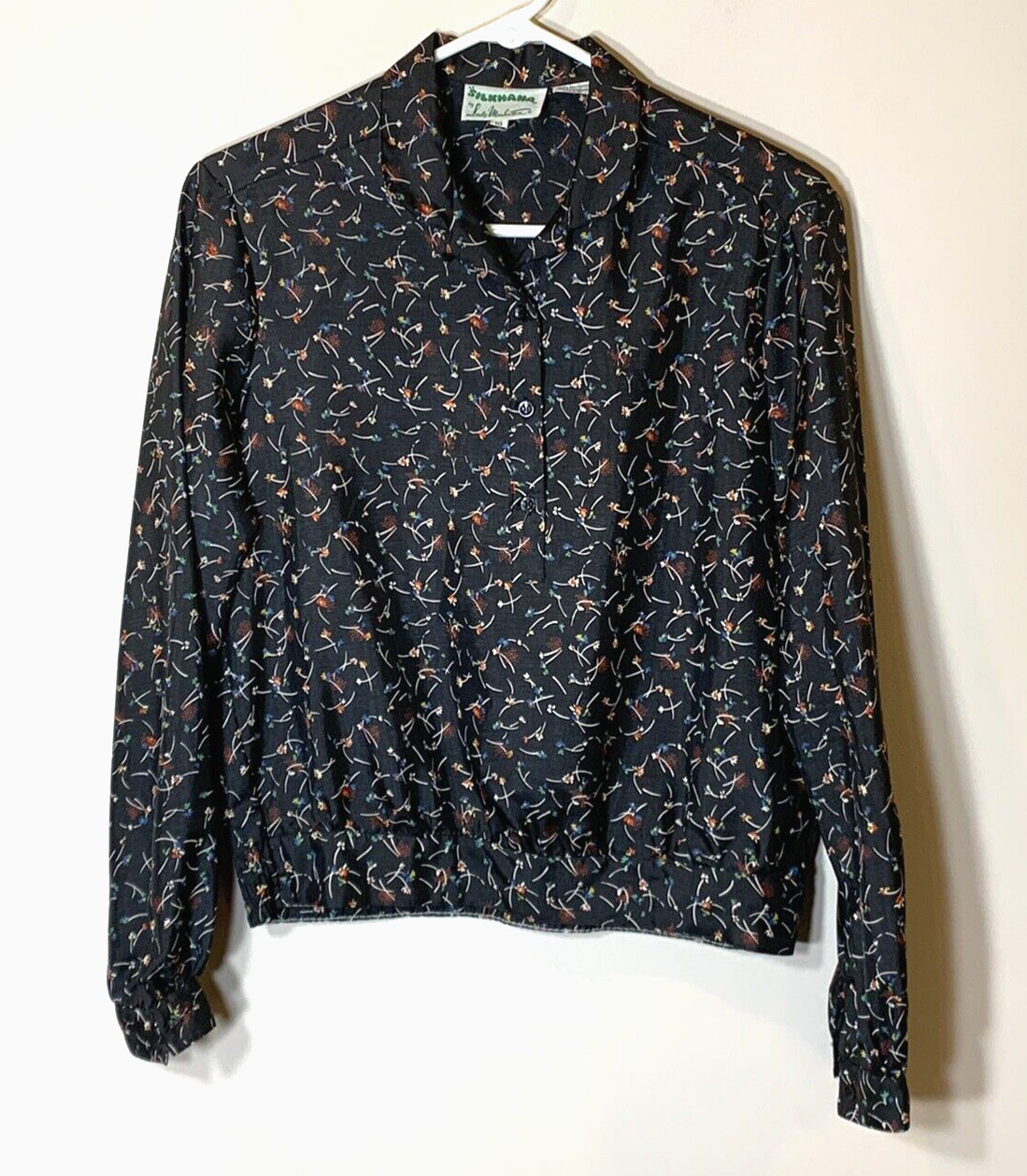 Lady Manhattan Blouse Womens 10 Black Vintage 70s Silkhana Floral Pullover