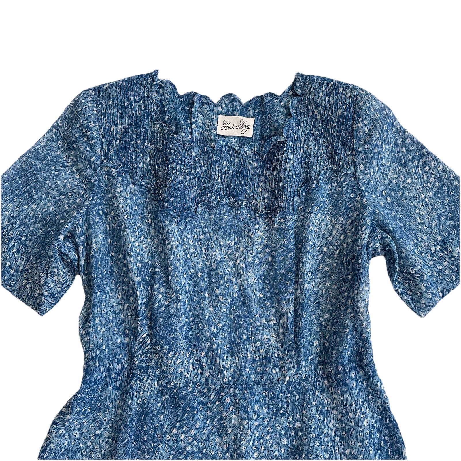 Vintage Herbert Levy Blue Crepe Party Dress Scalloped Neck Pintuck Union Size M*