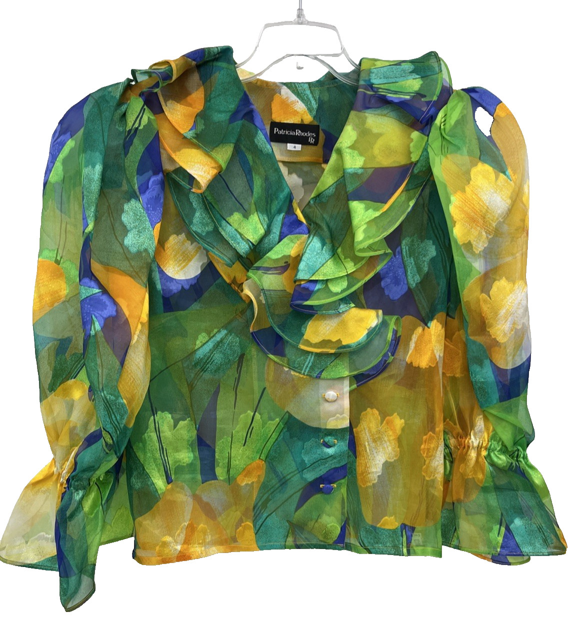 Patricia Rhodes PR Top Size 4 Silk Sheer Ruffle Neck Couture Blue Yellow VTG 80s