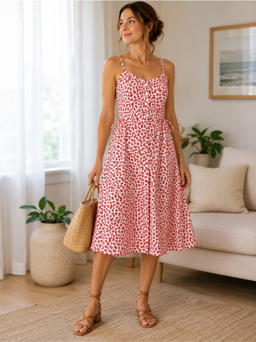 Vintage Y2k Lanz Originals Red Floral Sundress Cottagecore Midi Dress Size 7/14