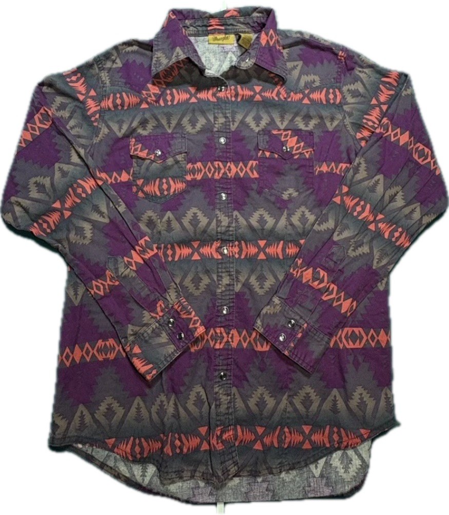 VTG Wrangler Shirt Women’s Large Black Pearl Snap Aztec Southwestern Brushpopper