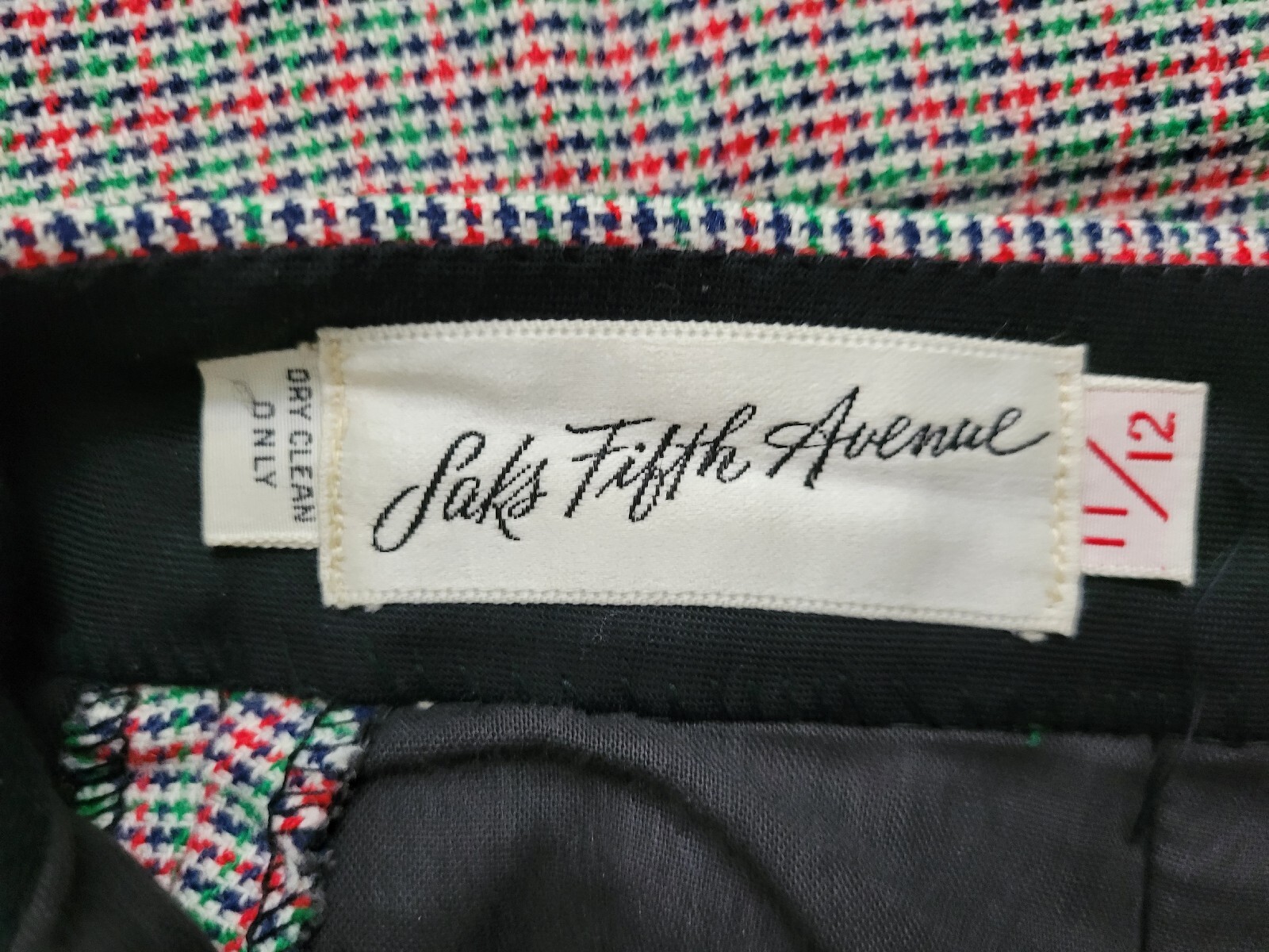 Vtg Saks Fifth Avenue Wool Trousers in Navy/Red/Green/Tan Houndstooth Size 11/12