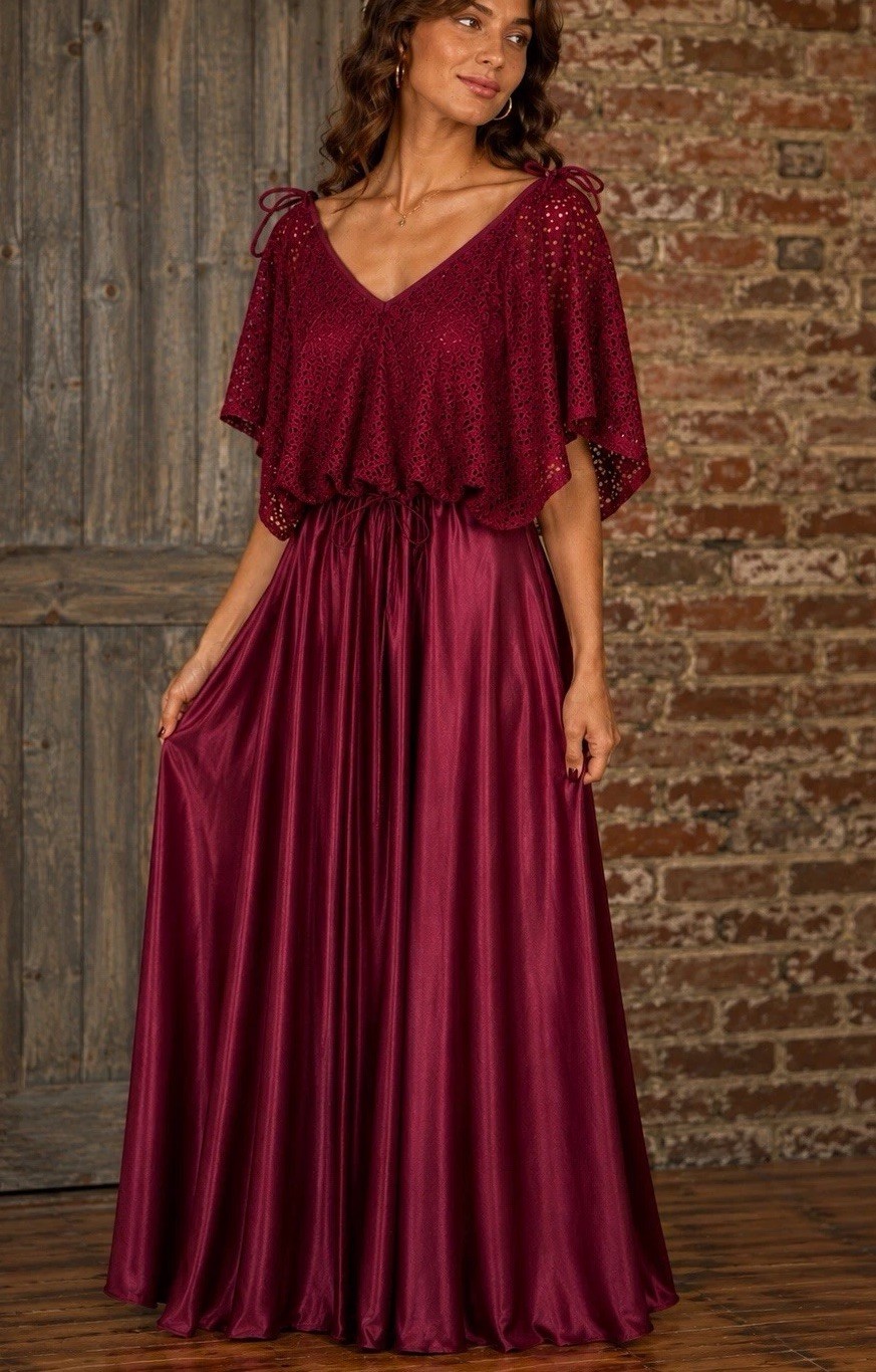 Vintage 70s Burgundy Hostess Gown Crochet Cape Overlay Maxi Dress Boho Sz 11/12
