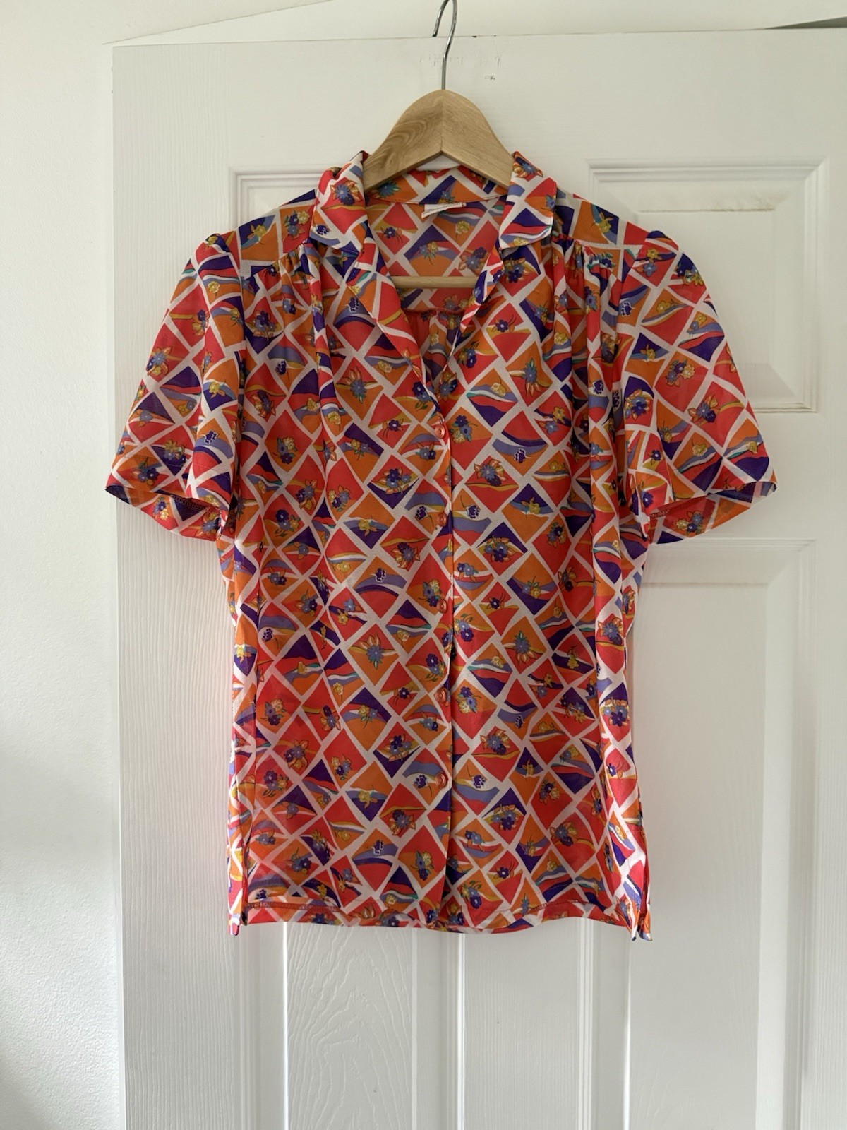 Graff CaliforniaWear Vintage Blouse Shirt Floral 70s 80s Medium Orange Red
