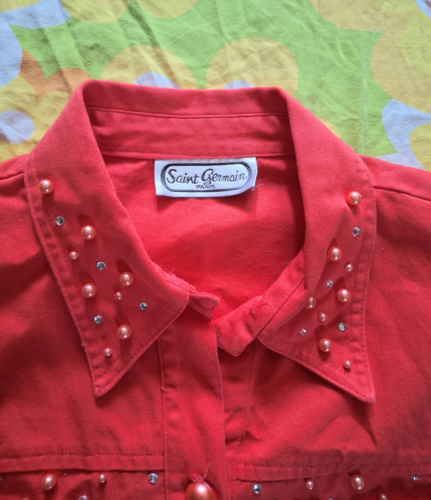 90s Vintage Bedazzled Coral Orange Pink NWT Deadstock Size L Denim Bomber Jacket