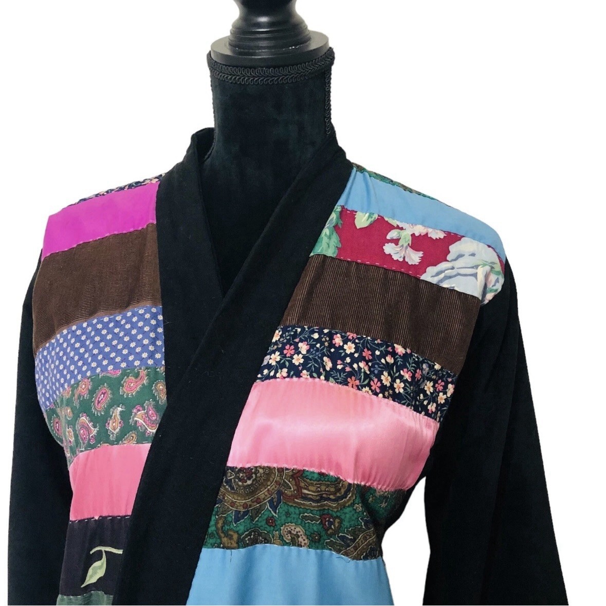 Vintage 60s 70s Velvet Patchwork Duster Jacket Long Maxi Coat Large / XL
