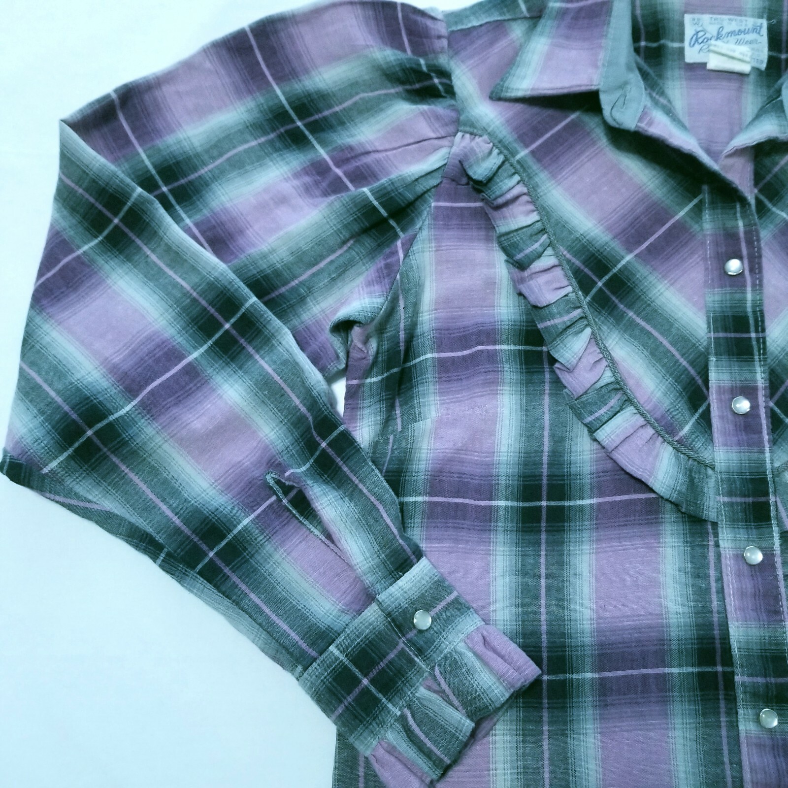 Vtg Rockmount Ranch Wear Purple Gray Plaid Pearl Snap Sz 32 Fitted w/Tie Western