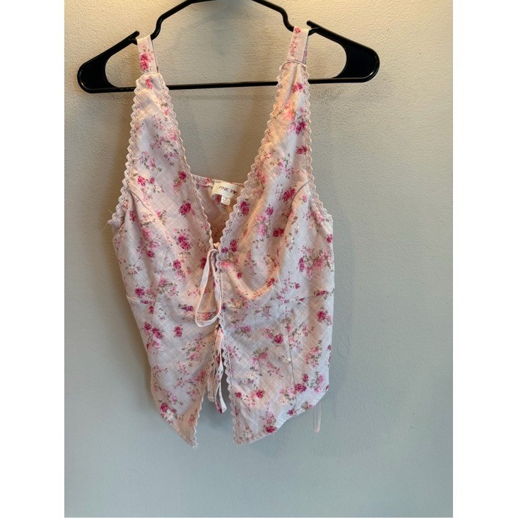 Pink Rose Floral Tie Front Cami Top Pink White Lace Trim Handkerchief Hem Medium