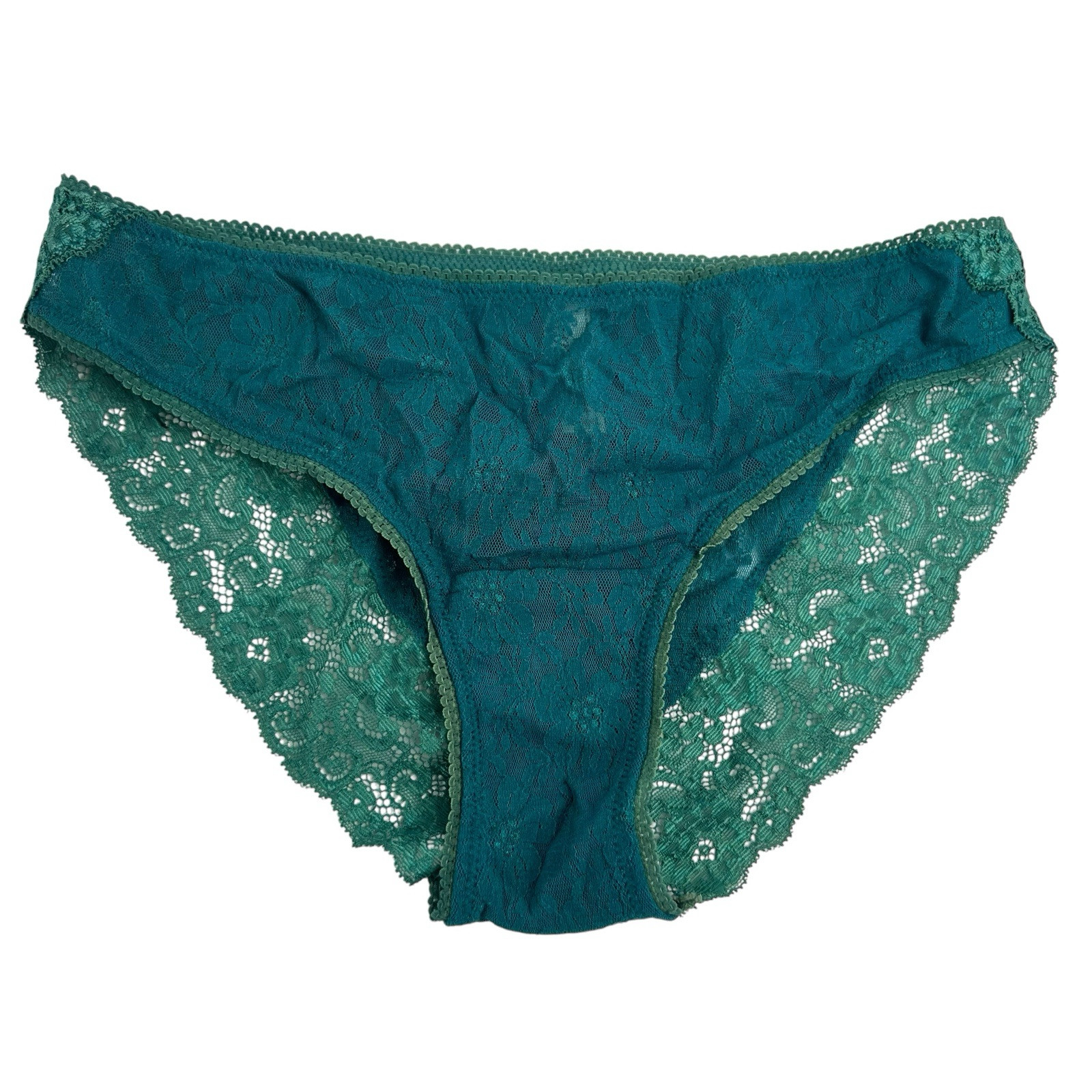 Vintage Soma Panties Size Medium Sheer Nylon Lace High Cut Teal Cheeky Bikini