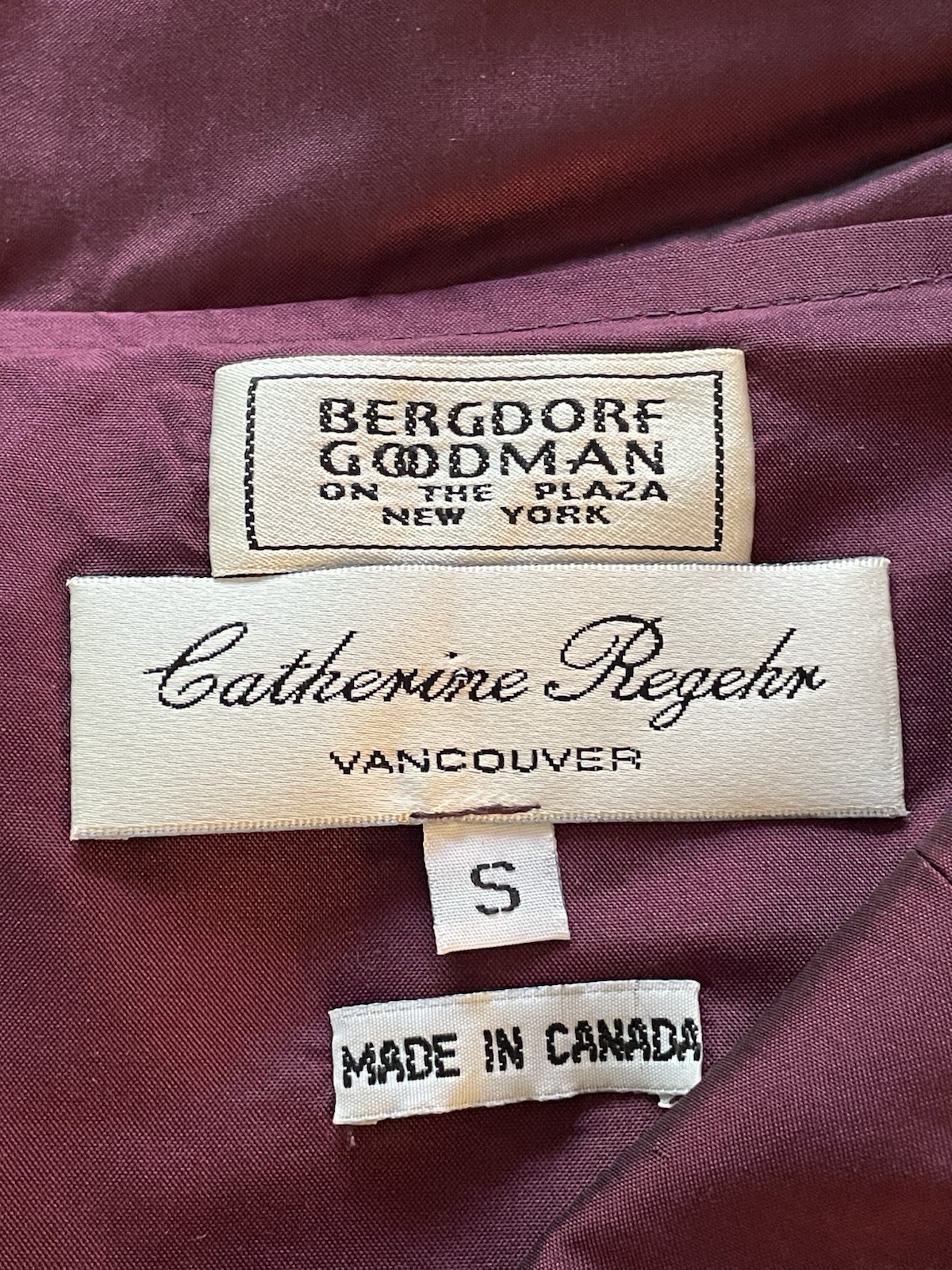 Vtg 1990s Catherine Regehr Dress Burgundy Silk Taffeta Evening Formal Dress Sz S