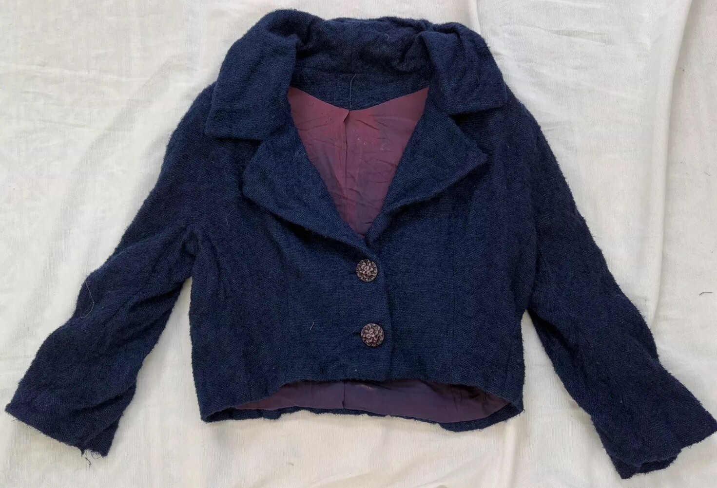 Vintage Anglo Fabrics 100% Alpaca Wool Blue Cropped Jacket XS Pretty Buttons