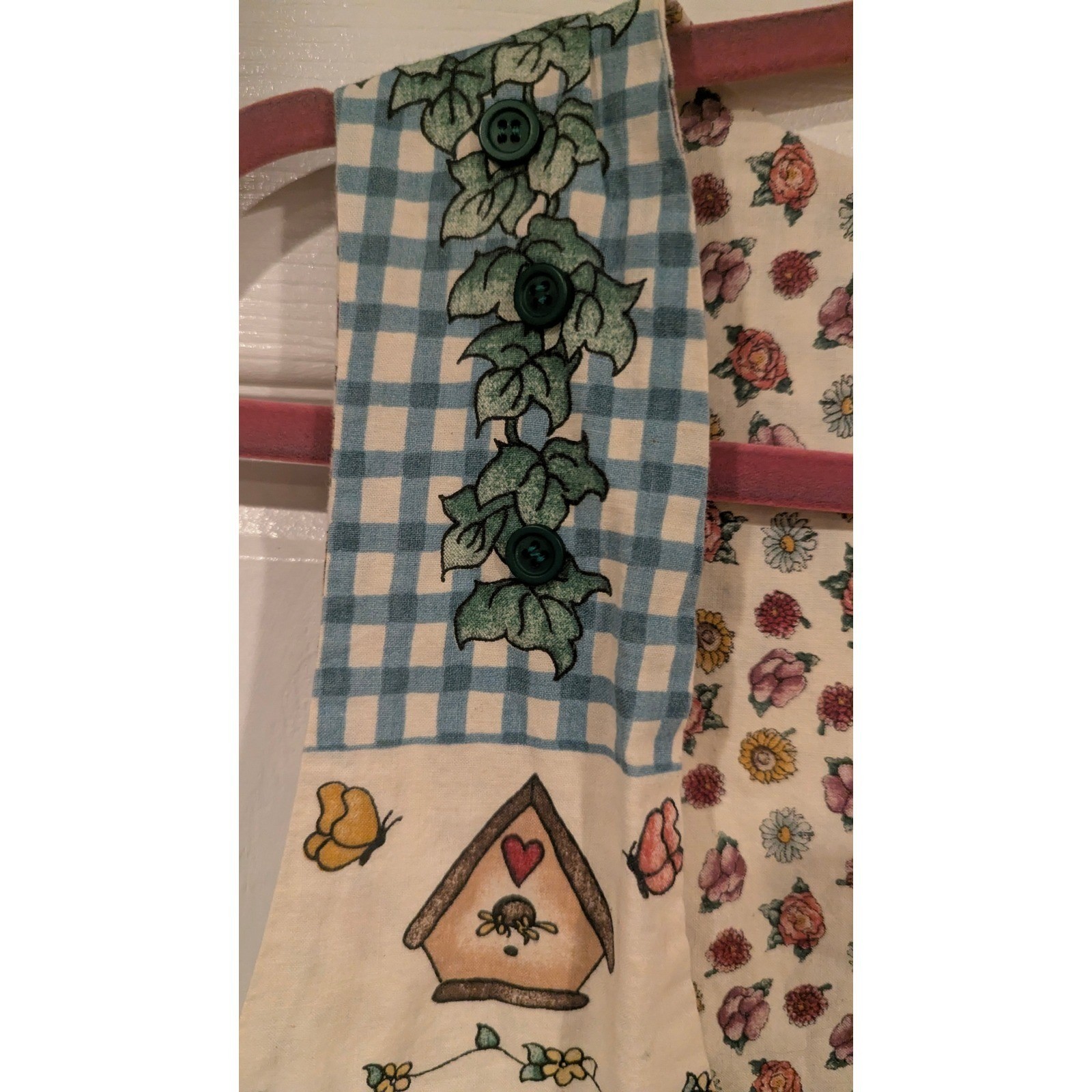 Vintage Reversible Garden Floral Vest Blue Gingham Sunflower Novelty Buttons