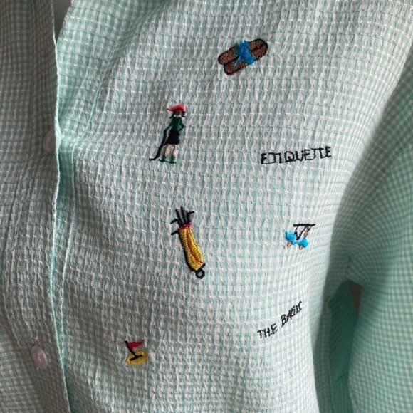 Vintage Mint Gingham Golf Embroidered Button Up Shirt Country Club Preppy