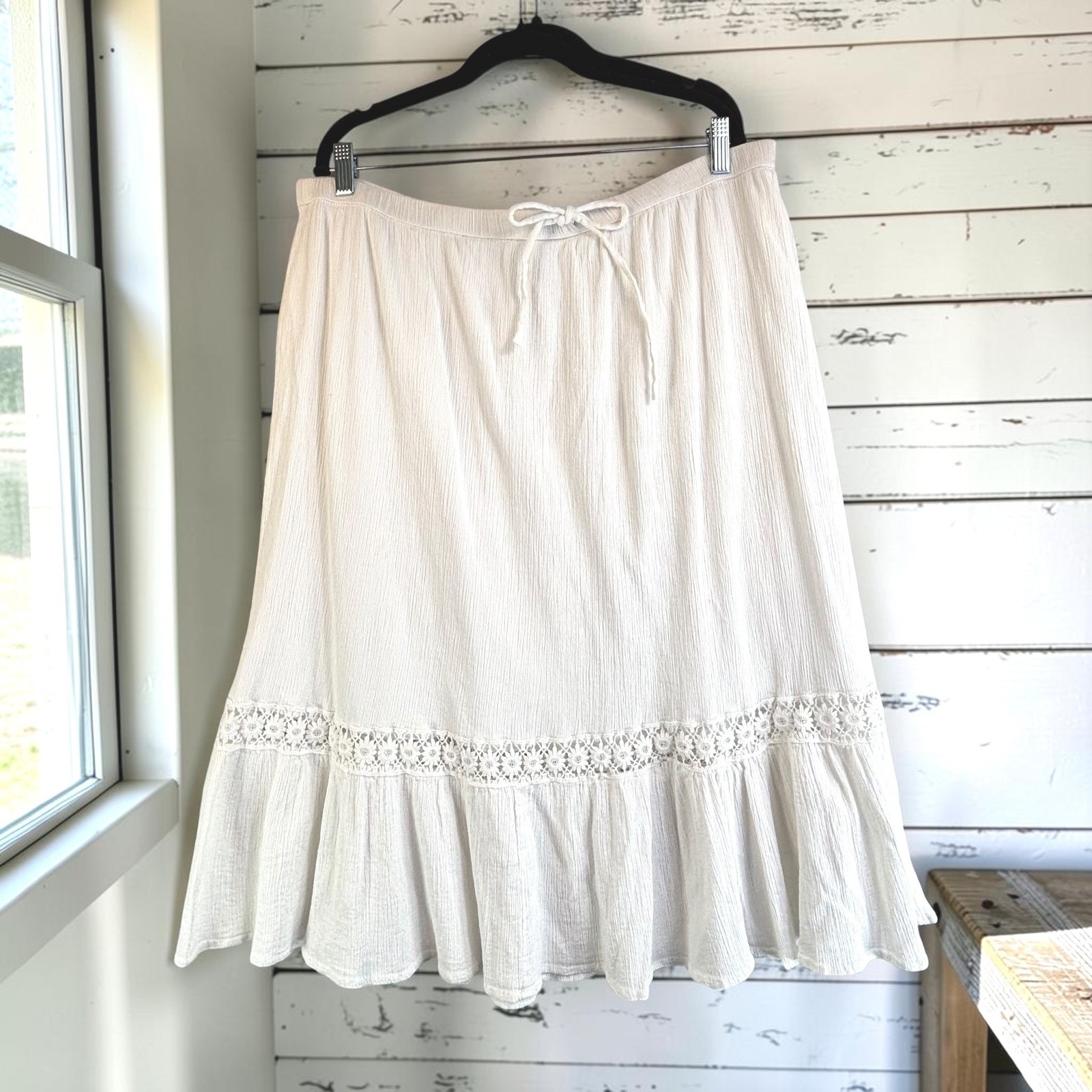 Vintage Midi Skirt 2X White 100% Cotton Gauze Crochet Lace Ruffle Boho Cottage