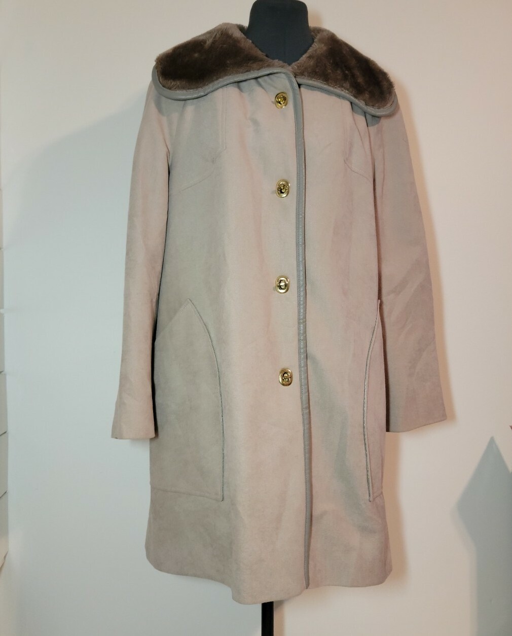 Vtg Country Pacer Wool Long Fur Collar Car Swing Coat Womens Sz L/XL Beige Tan