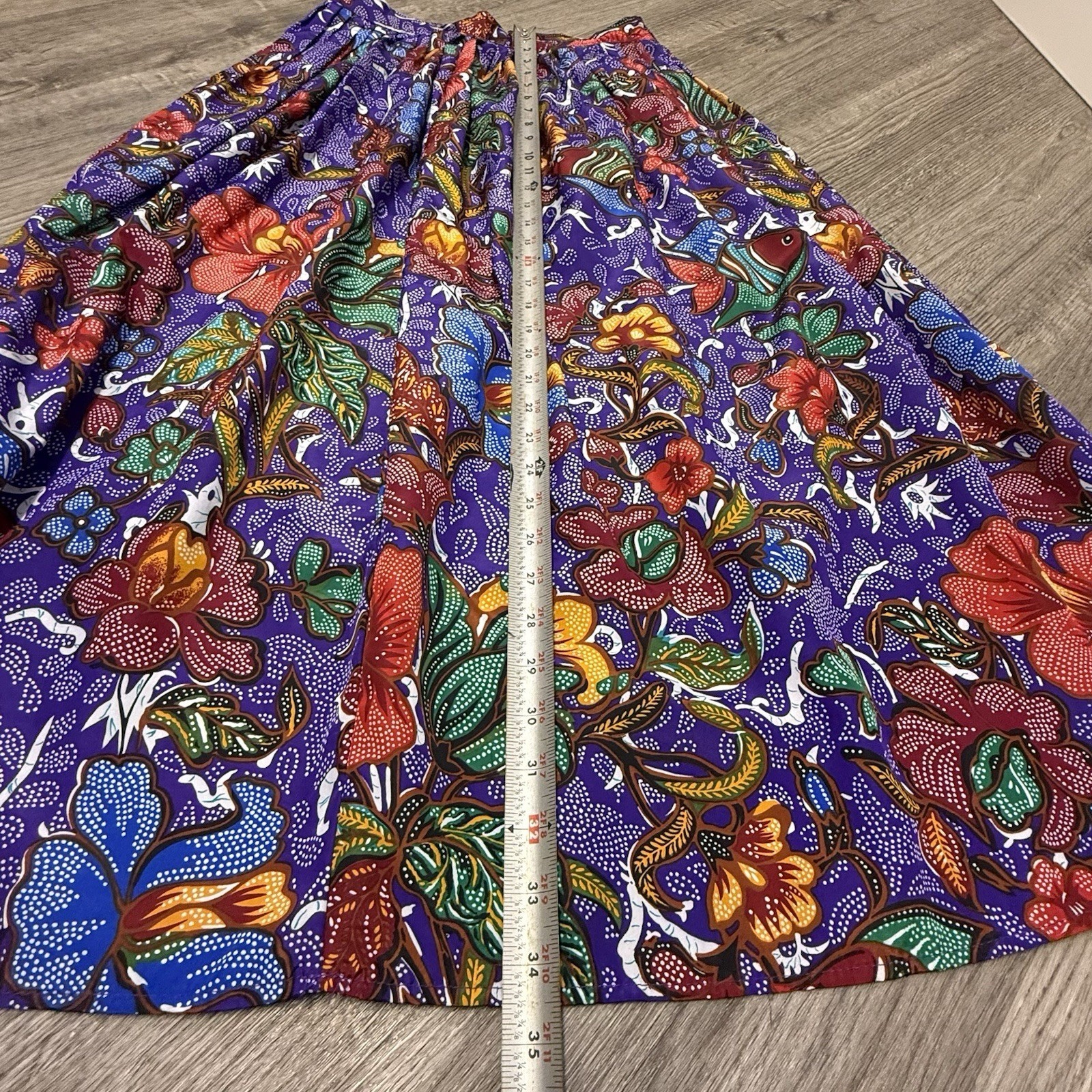 Vintage Avon Fashions Purple Tropical Fish Floral Batik Midi Skirt Sz 11/12 USA