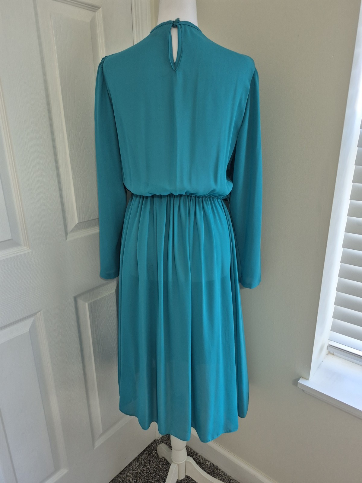 Vintage 70s 80s Cathy Sue Teal Sequin Illusion Midi Dress Pleated M/L