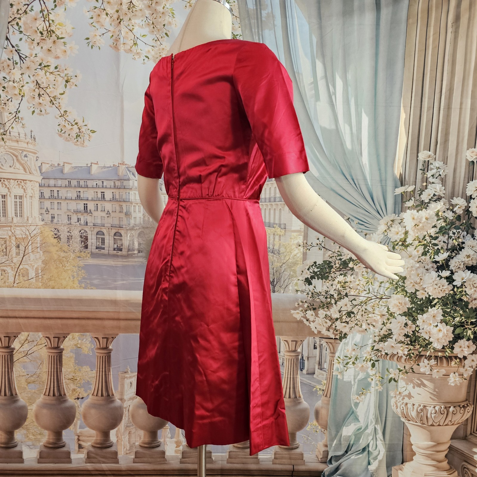 Vintage 1950s Dress Cherry Red Liquid Satin Half Sleeve Pinup Rockabilly