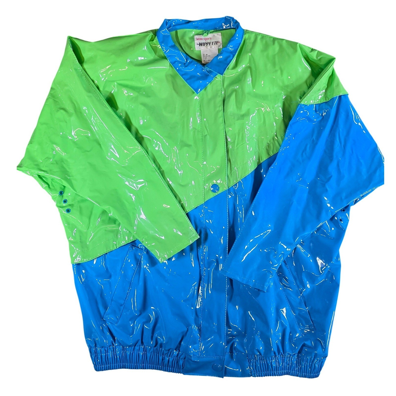 Vintage 80s Kenn Sporn for Wippette Vinyl Raincoat Jacket Neon Green Blue Medium