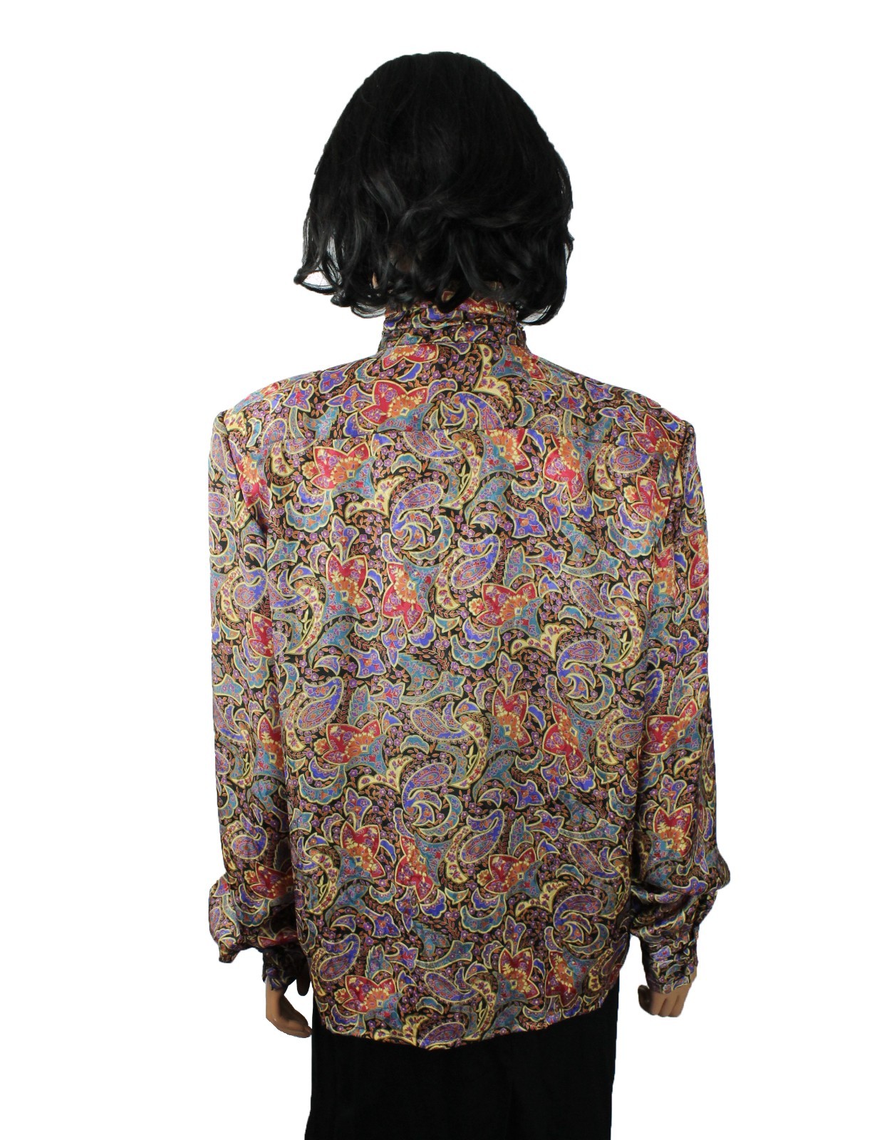 Vintage Secretary Blouse 12 L Black Red Blue Paisley Turtleneck Dress Shirt